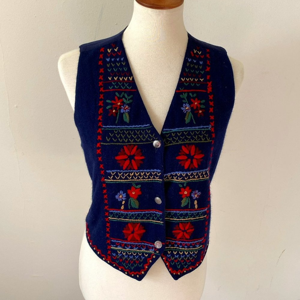 Vintage Embroidered Folk Art Vest Navy Blue Wool Button Up Vest